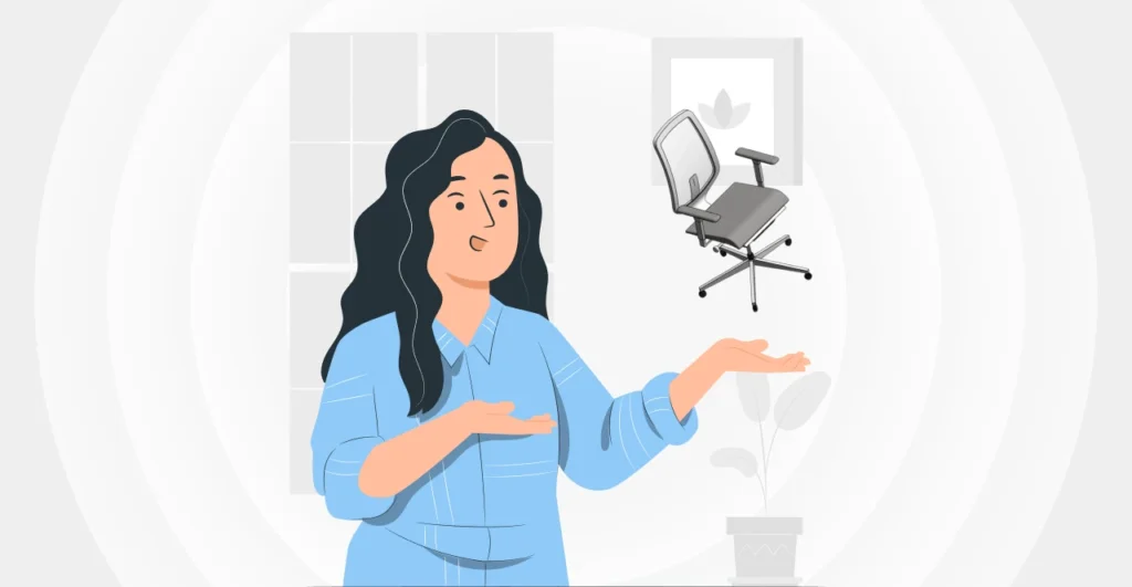 Ilustração de uma mulher emoji apresentando os preceitos bim, com uma cadeira de escritório futurista e ambiente de escritório ao fundo, simbolizando os princípios e valores dessa filosofia.