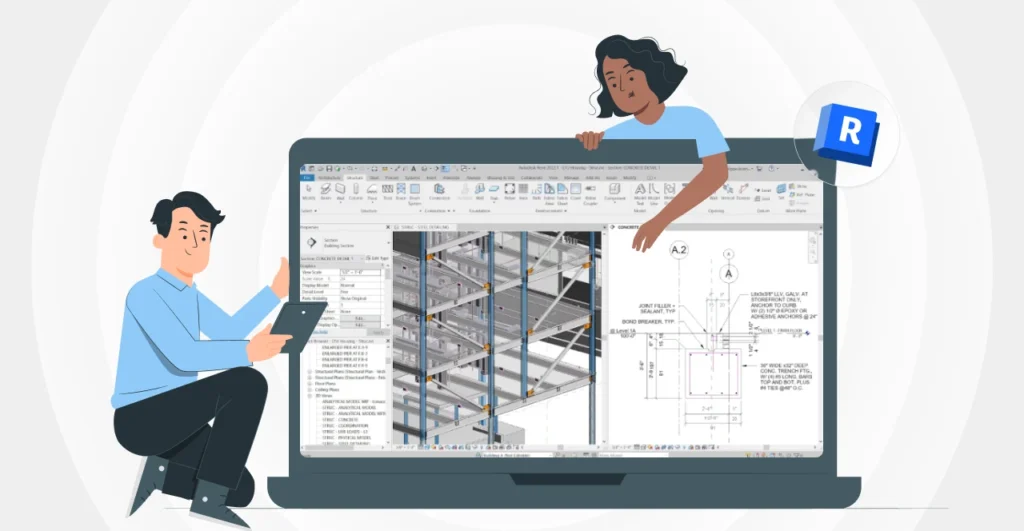 Ilustração de duas pessoas analisando um projeto de construção em uma tela de computador, relacionado aos preceitos bim.