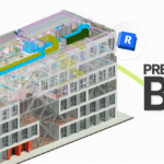 Modelo 3D BIM en Revit con estructura e instalaciones MEP y el texto “Principios BIM”.