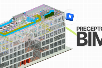 Modelo 3D BIM en Revit con estructura e instalaciones MEP y el texto “Principios BIM”.