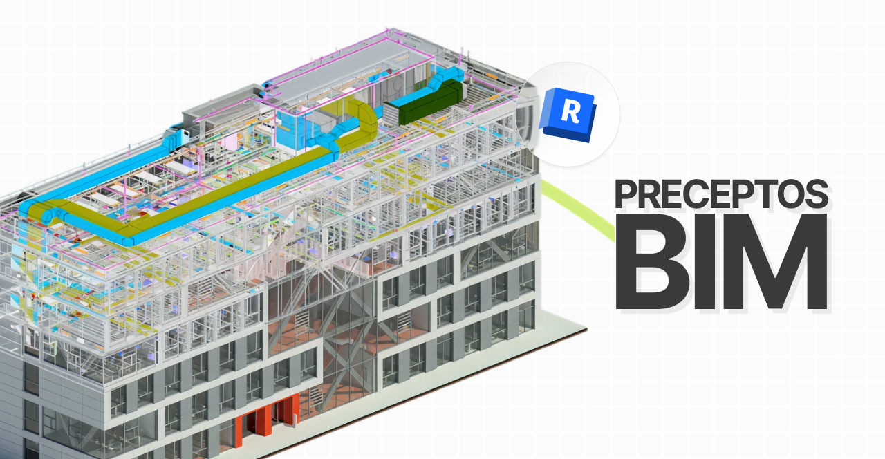 Modelo 3D BIM en Revit con estructura e instalaciones MEP y el texto “Principios BIM”.
