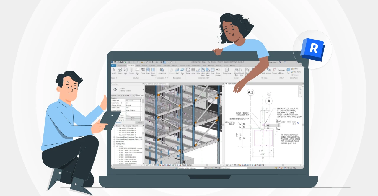 Ingenieros revisando un modelo estructural 3D y detalle técnico en Revit, ilustrando coordinación y documentación en flujo BIM.