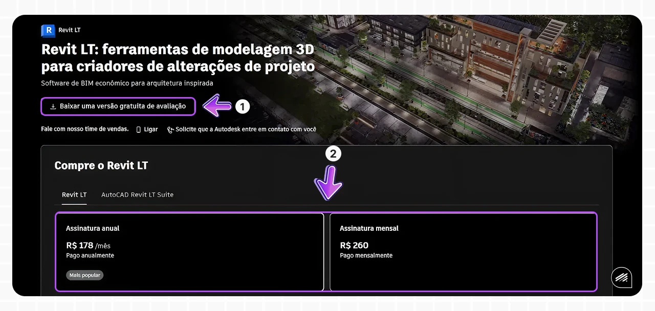 Imagem mostrando a plataforma Revit LT, ferramenta de modelagem 3D para arquitetos, com opções de assinatura mensal e anual, destacando recursos de edição de projetos.