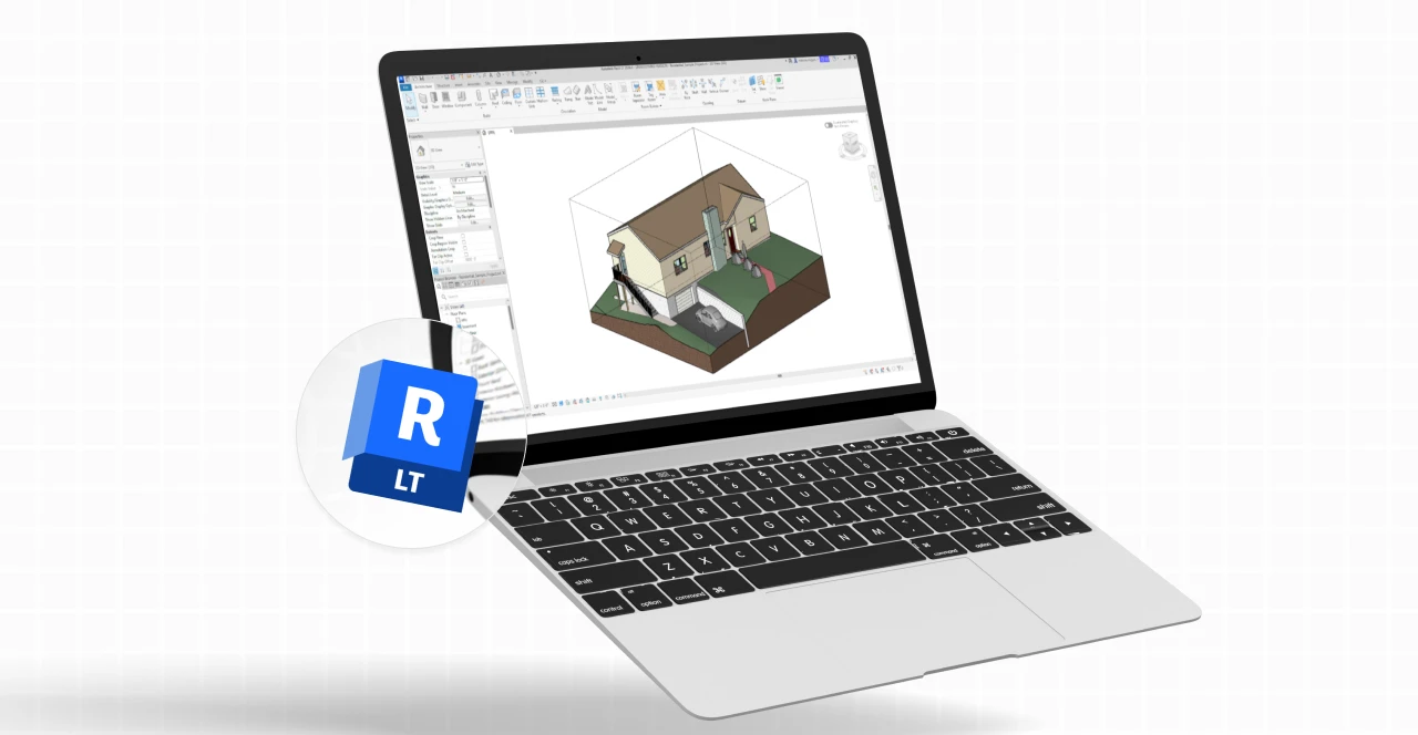 Imagem de um laptop exibindo um projeto arquitetônico no Revit LT, com foco na ferramenta de modelagem 3D de uma residência.