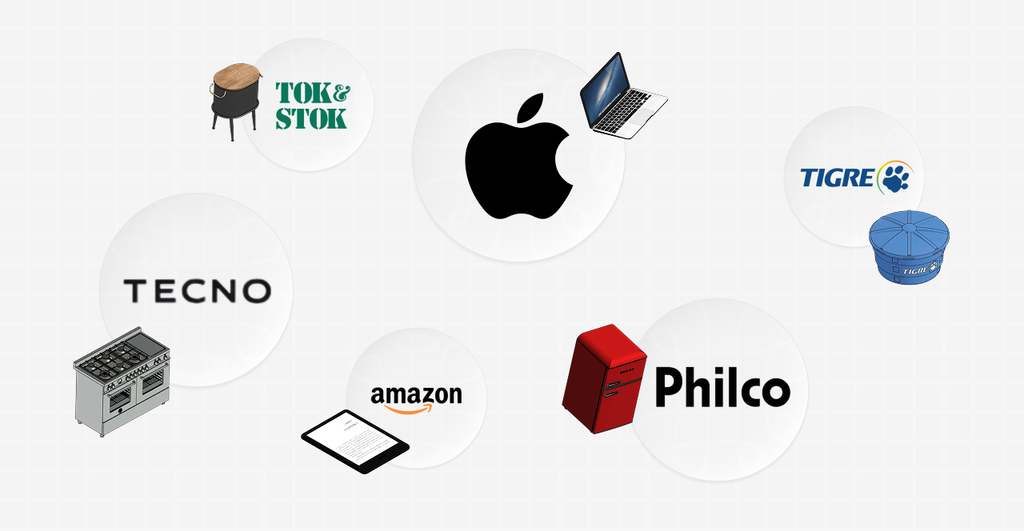 Imagem de blocos premium de diversas marcas como Apple, Tecno, Amazon, Philco, Tigre e Tok & Stok, destacando produtos de alta qualidade.