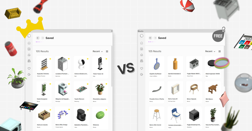 Comparação entre blocos premium e blocos comuns, destacando a variedade de opções de blocos de alta qualidade disponíveis para diferentes projetos de construção e decoração.