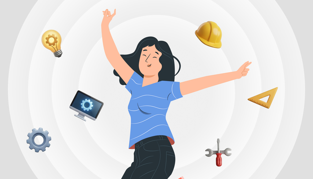 Ilustração de uma mulher feliz com elementos relacionados à gestão de projetos, engenharia e tecnologia, destacando conceitos de ISO 19650.