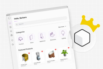 Imagem de uma interface de aplicativo de compras com a categoria 'Blocks premium' destaque, apresentando produtos de alta qualidade e design sofisticado, incluindo uma coroa dourada simbolizando exclusividade.