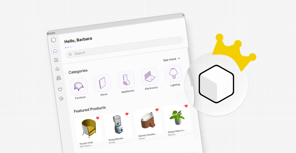 Imagem de uma interface de aplicativo de compras com a categoria 'Blocks premium' destaque, apresentando produtos de alta qualidade e design sofisticado, incluindo uma coroa dourada simbolizando exclusividade.