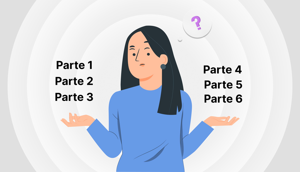 Ilustraçao de uma mulher com duas mãos estendidas, apresentando seis partes distintas, relacionando-se ao tema ISO 19650 e gerenciamento de informações na construção.