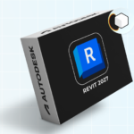 Caixa do software Autodesk Revit 2027, com o icônico logo 'R' em azul em destaque e a marca 'Autodesk' visível na lateral, representando a versão 2027 do popular programa BIM.