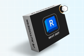 Caixa do software Autodesk Revit 2027, com o icônico logo 'R' em azul em destaque e a marca 'Autodesk' visível na lateral, representando a versão 2027 do popular programa BIM.