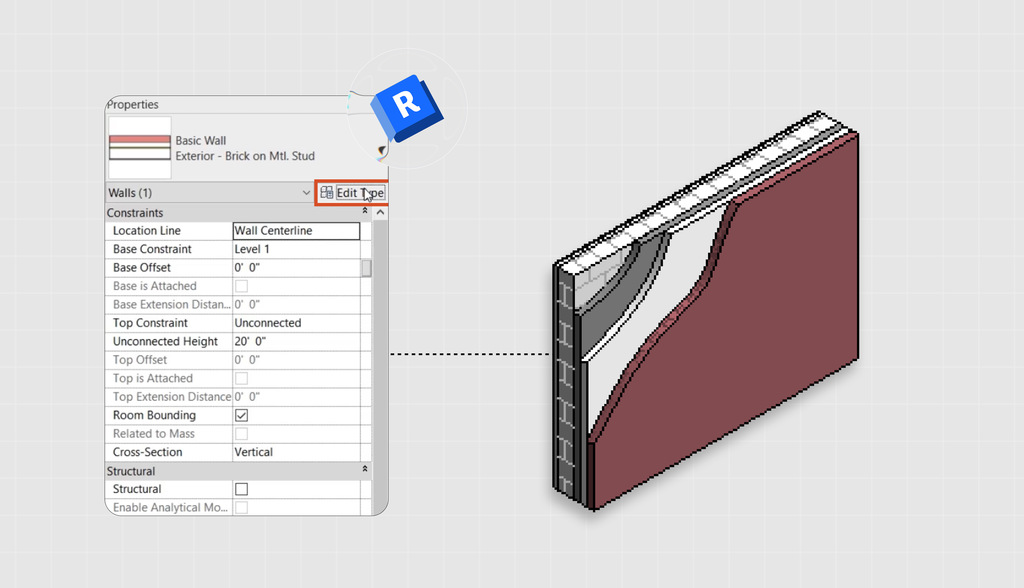 Demonstração de como diminuir o tamanho de parede no Revit ajustando propriedades no software de modelagem de edifícios.
