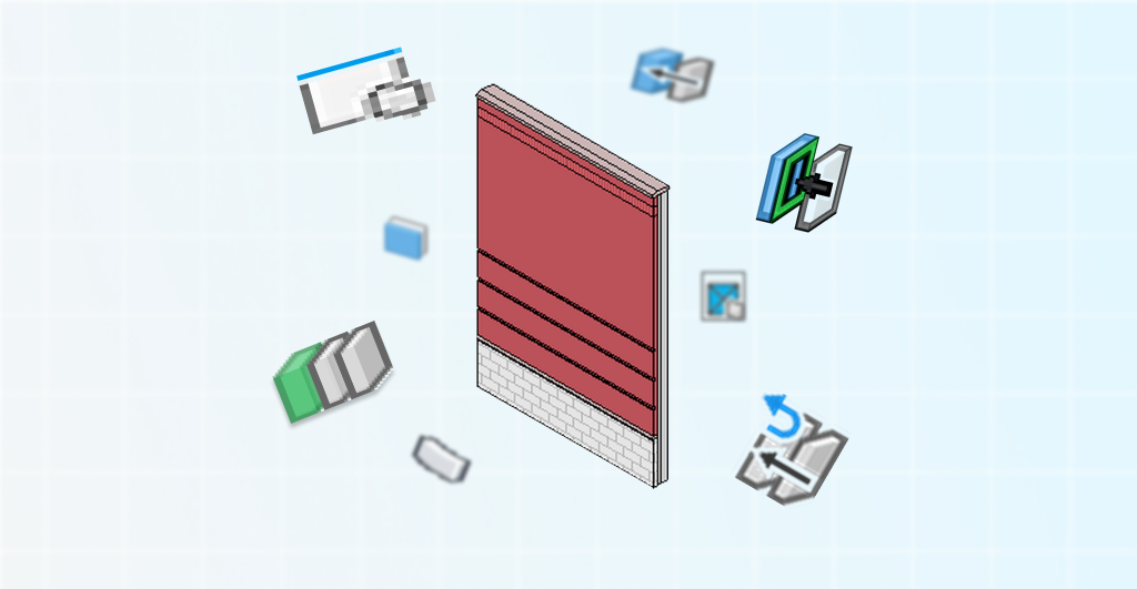 Renderização de uma parede de edifício com detalhes de camadas e ícones de ferramentas BIM, ilustrando recursos do Revit 2027 para modelagem arquitetônica.