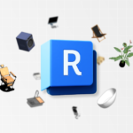 Logotipo azul do Revit com diversas famílias e componentes 3D, como móveis, plantas e eletrônicos, flutuando ao redor. Esta imagem ilustra a variedade da biblioteca padrão do software, essencial para quem busca onde achar a biblioteca padrão no Revit e seus recursos de modelagem.