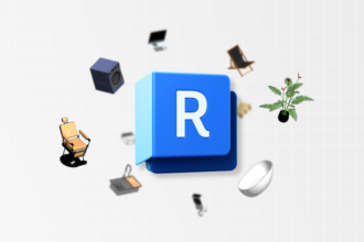 Logotipo azul do Revit com diversas famílias e componentes 3D, como móveis, plantas e eletrônicos, flutuando ao redor. Esta imagem ilustra a variedade da biblioteca padrão do software, essencial para quem busca onde achar a biblioteca padrão no Revit e seus recursos de modelagem.