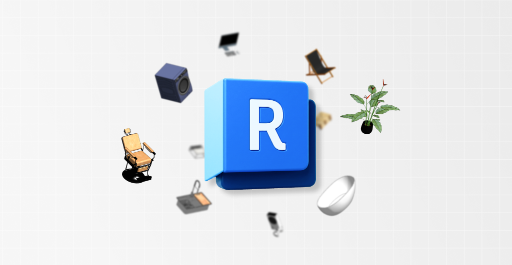 Logotipo azul do Revit com diversas famílias e componentes 3D, como móveis, plantas e eletrônicos, flutuando ao redor. Esta imagem ilustra a variedade da biblioteca padrão do software, essencial para quem busca onde achar a biblioteca padrão no Revit e seus recursos de modelagem.