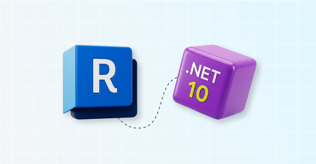 Ilustração 3D do cubo do Revit (letra 'R' em azul) conectado ao cubo do .NET 10 (roxo), simbolizando a integração ou compatibilidade de desenvolvimento para o Revit 2027.