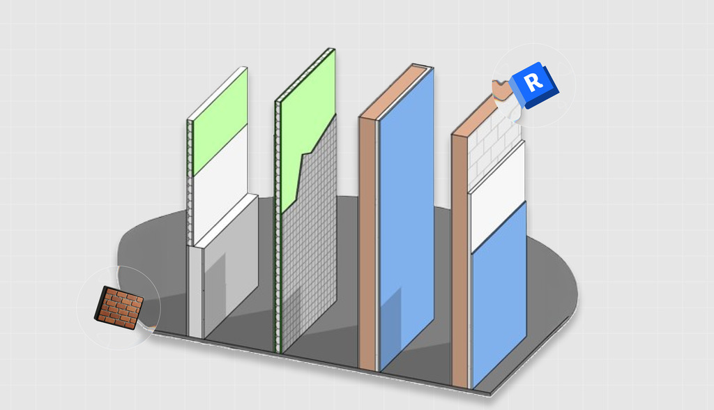 A diagram illustrating cross-sections of various wall types with distinct layers (e.g., insulation, finishes), providing a visual guide for understanding and adjusting wall properties, including how to reduce wall size in Revit.