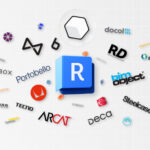 Logotipo principal do Revit, cercado por logos de marcas parceiras como Portobello, Deca e BimObject. Esta imagem representa o ecossistema de conteúdo BIM e a disponibilidade de famílias Revit grátis e elementos para download, essenciais para projetos de arquitetura e design de interiores.
