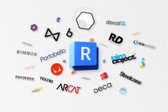 Logotipo principal do Revit, cercado por logos de marcas parceiras como Portobello, Deca e BimObject. Esta imagem representa o ecossistema de conteúdo BIM e a disponibilidade de famílias Revit grátis e elementos para download, essenciais para projetos de arquitetura e design de interiores.