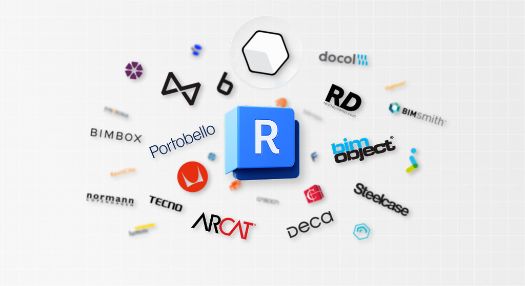 Logotipo principal do Revit, cercado por logos de marcas parceiras como Portobello, Deca e BimObject. Esta imagem representa o ecossistema de conteúdo BIM e a disponibilidade de famílias Revit grátis e elementos para download, essenciais para projetos de arquitetura e design de interiores.