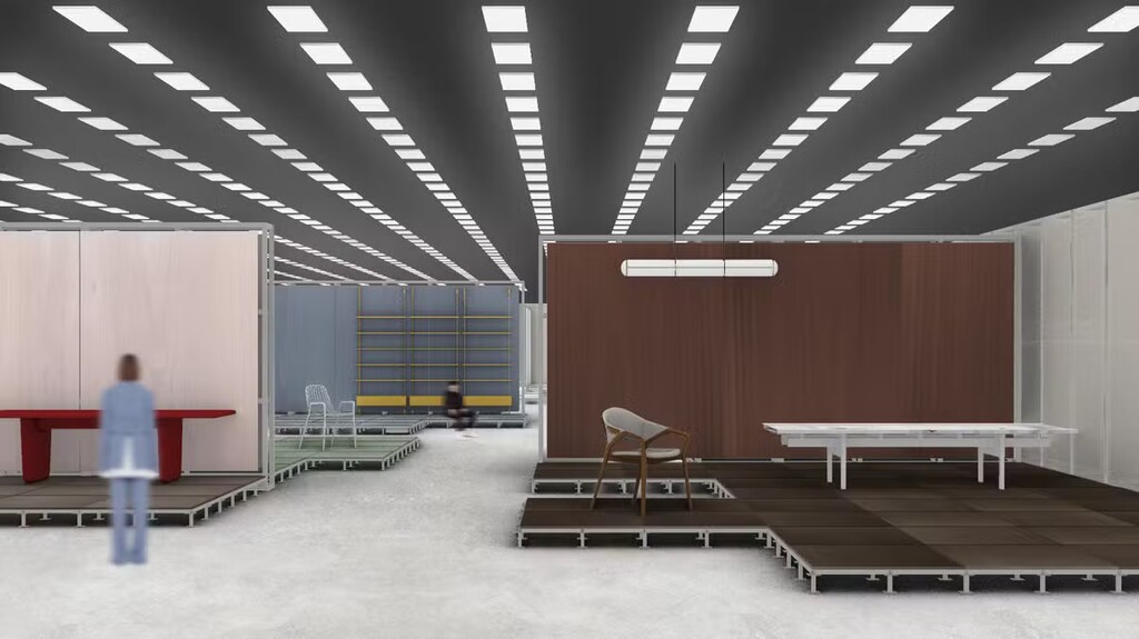 Renderização conceitual de um espaço de exposição moderno com estandes, plataformas elevadas e mobiliário de design, ideal para o Salão de Milão 2026.