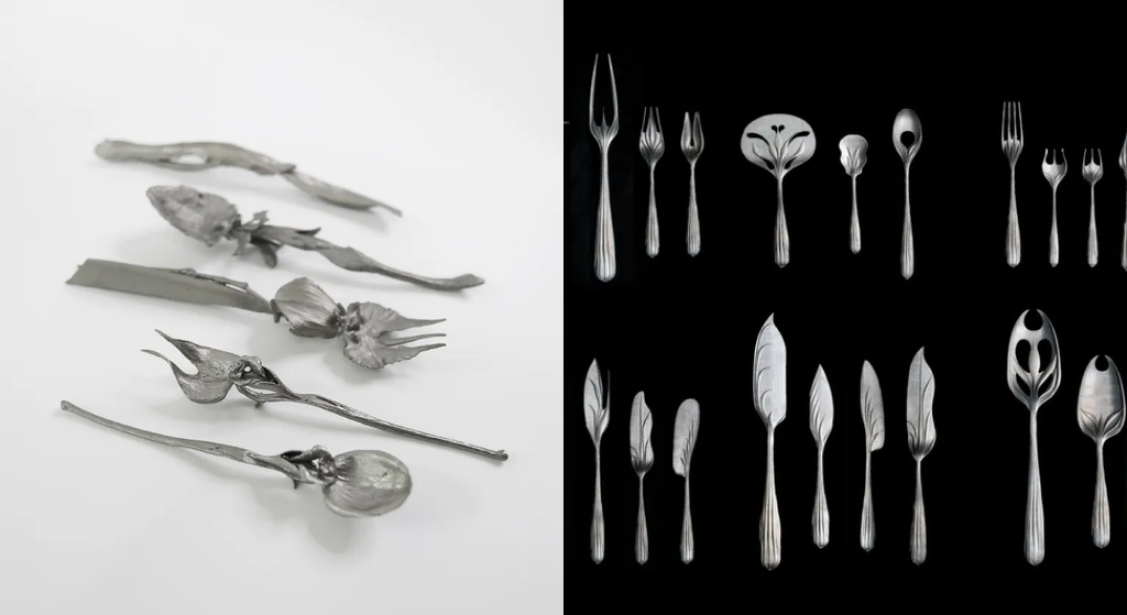 Duas coleções de talheres em prata no 3 Days of Design 2026: peças escultureais com formas inspiradas em botânica e pássaros sobre fundo branco, e conjunto completo de talheres com motivos de folhas e flores dispostos sobre fundo preto.