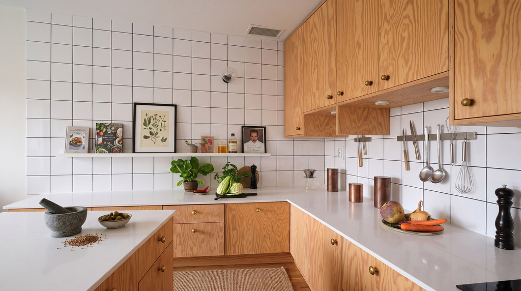 Cozinha moderna e funcional em estilo escandinavo, com armários de madeira clara, bancadas brancas e azulejos quadrados, decorada com utensílios e plantas, criando um ambiente minimalista e acolhedor.
