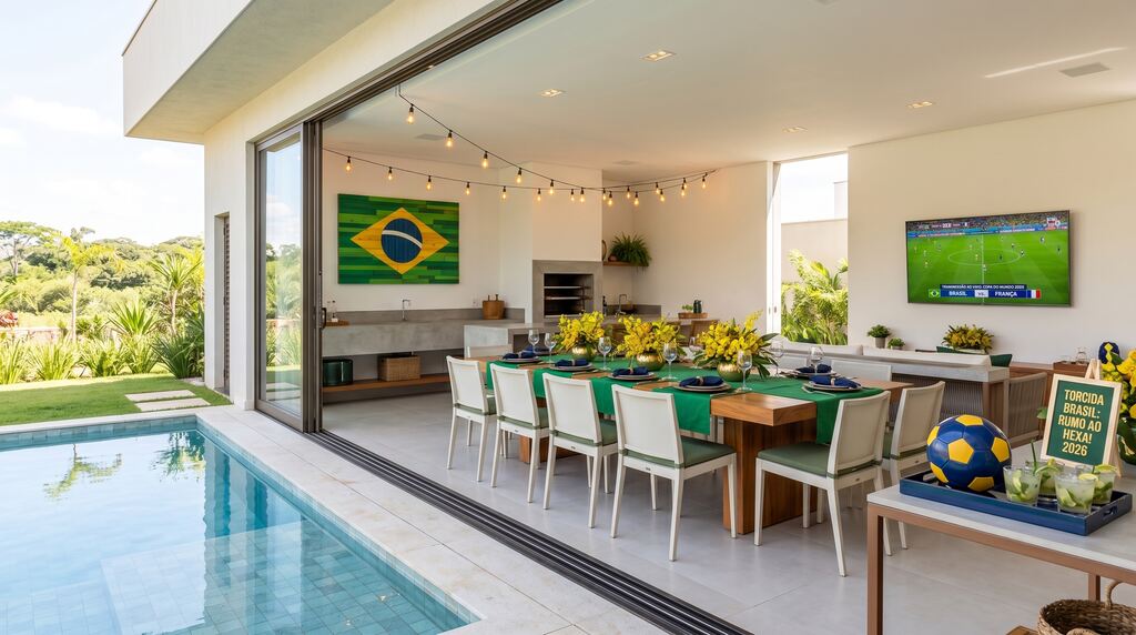 Decoração vibrante para Copa do Mundo 2026 em espaço gourmet de luxo, com cores do Brasil, mesa posta, bandeira na parede e jogo de futebol na TV.