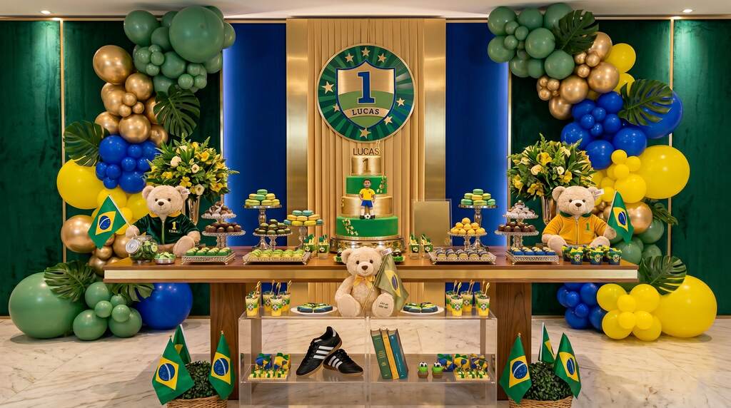 Mesa de festa infantil com decoração copa do mundo 2026, balões dourados, verdes e azuis, ursos de pelúcia e doces no tema do futebol.