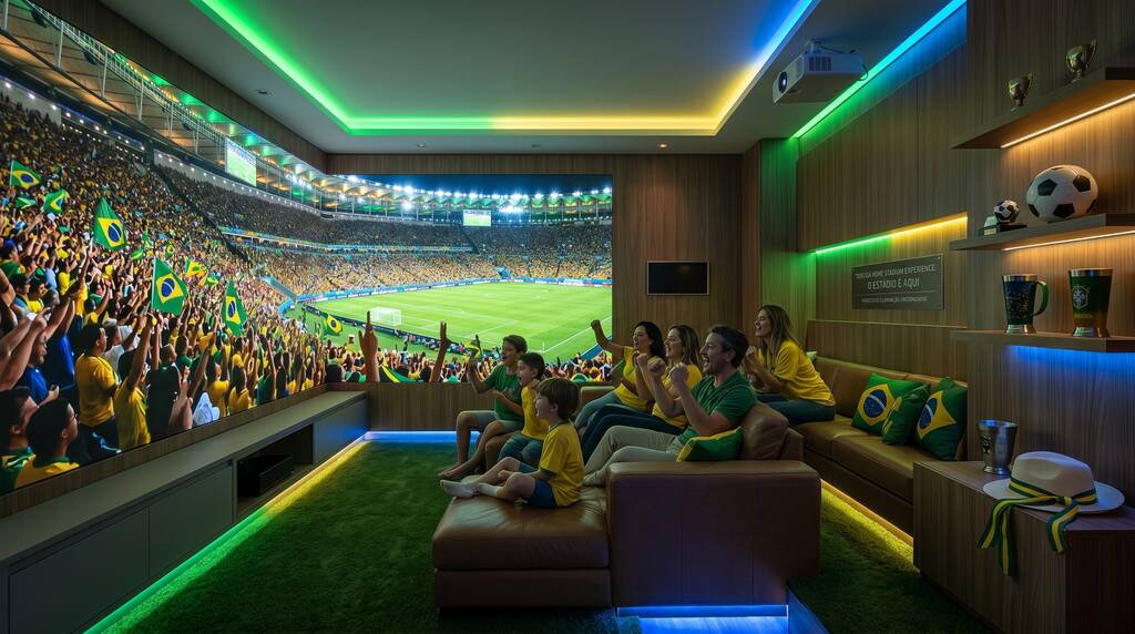 Ambiente integrado com piscina e mesa de almoço decorada para a copa do mundo 2026, com TV transmitindo o jogo do Brasil ao vivo.