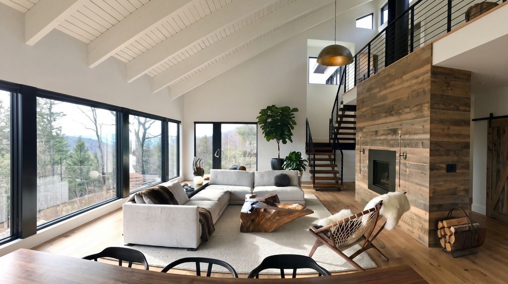 Ampla sala de estar com design de interiores em estilo escandinavo, destacando-se pela abundante luz natural, teto com vigas brancas, sofá modular claro, lareira moderna com revestimento de madeira rústica e vista panorâmica para a floresta.