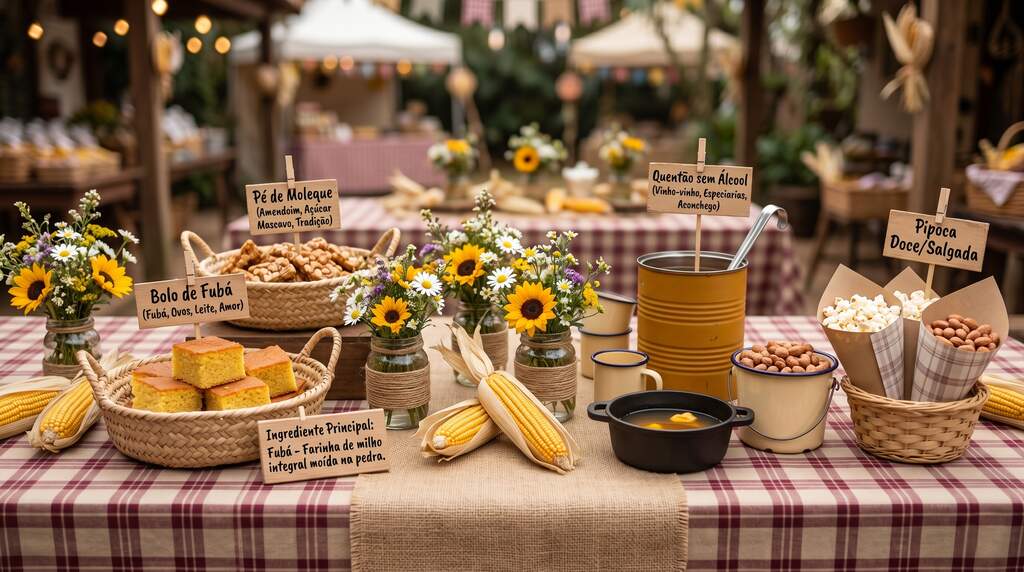 Mesa ricamente decorada para festa junina, repleta de comidas típicas como bolo de fubá, pé de moleque e pipoca, e ideias de decoração charmosas com girassóis e espigas de milho em um ambiente festivo.