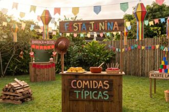 Ambiente externo festivo com diversas ideias de decoração para festa junina, apresentando bandeirinhas coloridas, balões juninos, barracas de madeira com comidas típicas, jogos como acerte a lata e fogueira.