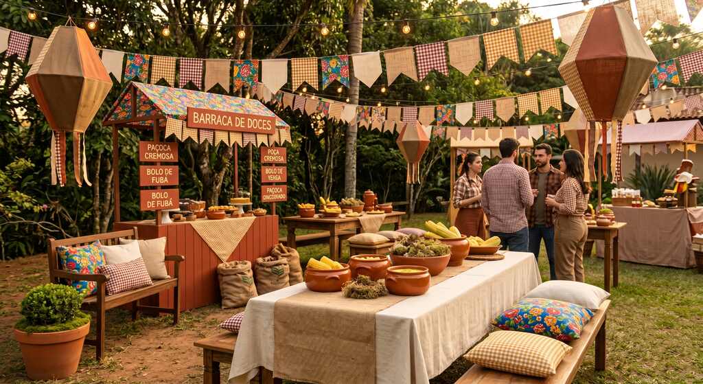 Cenário vibrante de festa junina ao ar livre, com bandeirinhas coloridas, balões e uma barraca de doces repleta de quitutes, oferecendo inspiração para ideias de decoração para festa junina autênticas e completas.