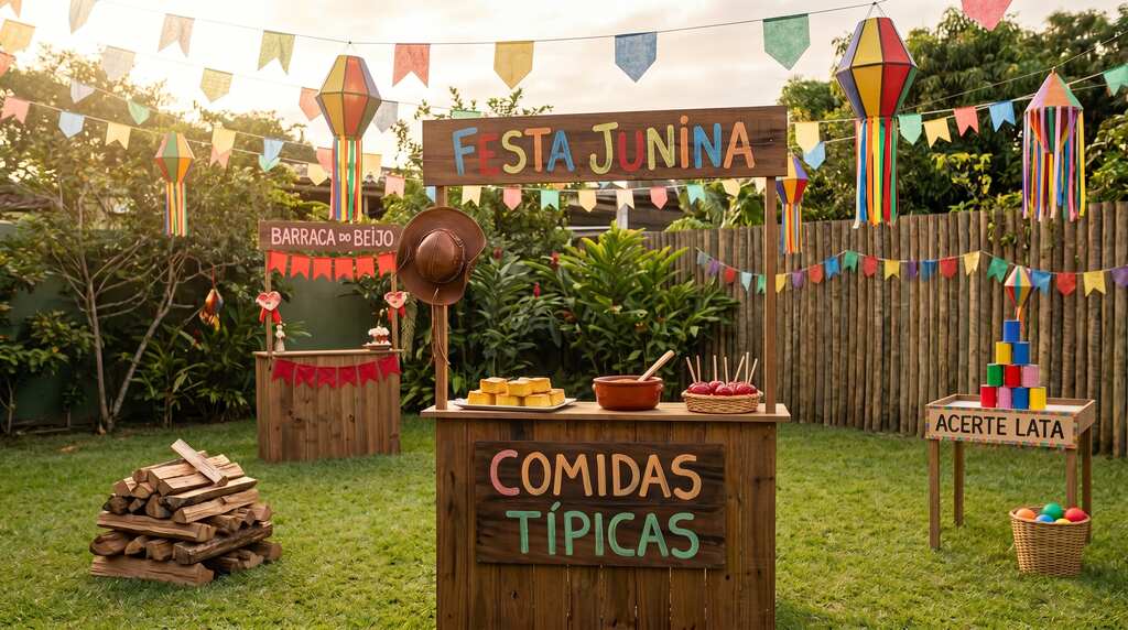 Ambiente externo festivo com diversas ideias de decoração para festa junina, apresentando bandeirinhas coloridas, balões juninos, barracas de madeira com comidas típicas, jogos como acerte a lata e fogueira.