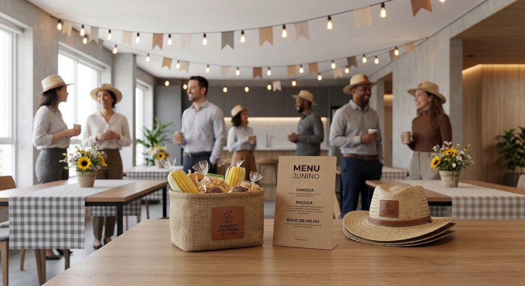 Decoração moderna e elegante para festa junina em ambiente corporativo, com bandeirinhas, chapéus de palha, mesas xadrez, arranjos de girassóis e cesta de comidas típicas juninas. Perfeitas ideias de decoração para festa junina.