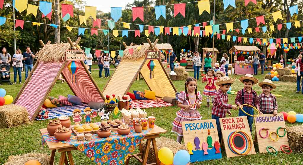 Cena vibrante de uma festa junina infantil ao ar livre, mostrando diversas ideias de decoração com bandeirinhas coloridas, barracas temáticas de palha, mesas de doces e crianças vestidas a caráter, participando de brincadeiras tradicionais.