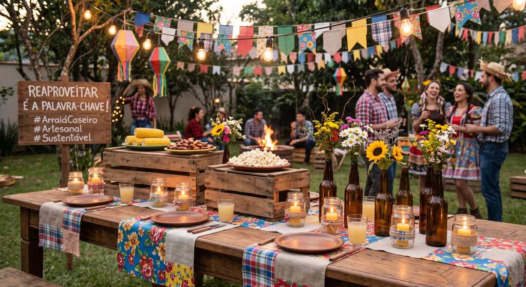 Mesa de festa junina decorada com itens rústicos e sustentáveis, incluindo bandeirinhas coloridas, luzes, milho, pipoca, garrafas recicladas como vasos de flores, e um letreiro que incentiva o reuso. Excelentes ideias de decoração para festa junina em casa.