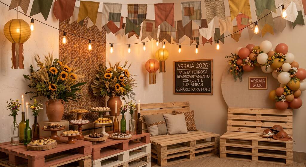 Ideias de decoração para festa junina rústica, com arranjos de girassóis e espigas, balões em tons terrosos, bandeirinhas, iluminação quente e móveis de paletes. Mesa de doces típicos e ambiente aconchegante.