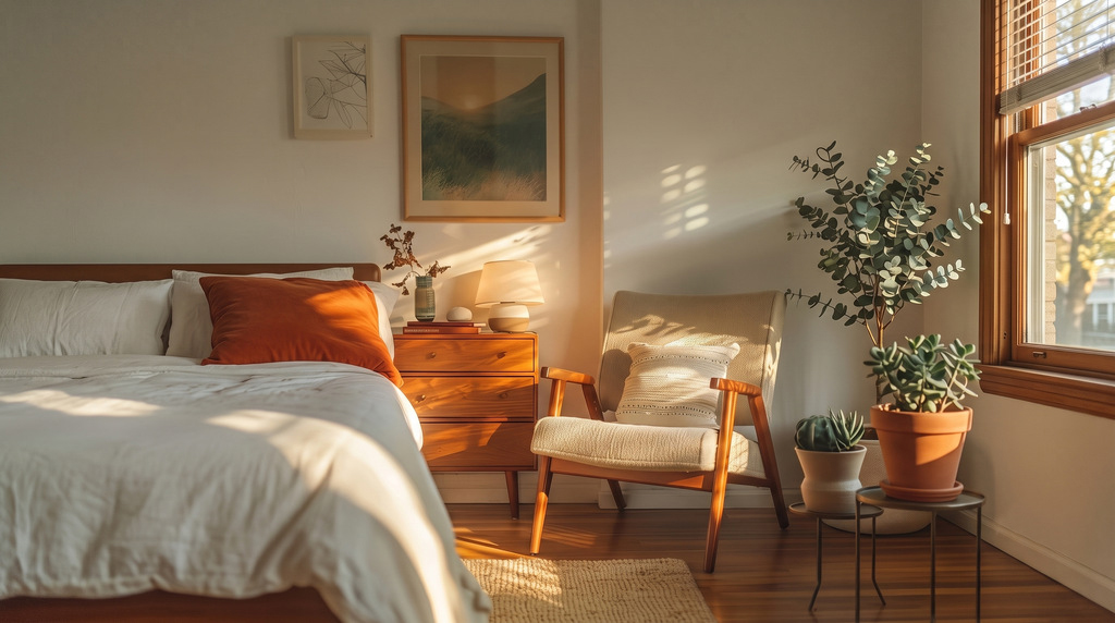 Quarto claro e aconchegante com decoração em estilo escandinavo, apresentando cama branca, poltrona de madeira, cômoda, plantas em vasos e muita luz natural.