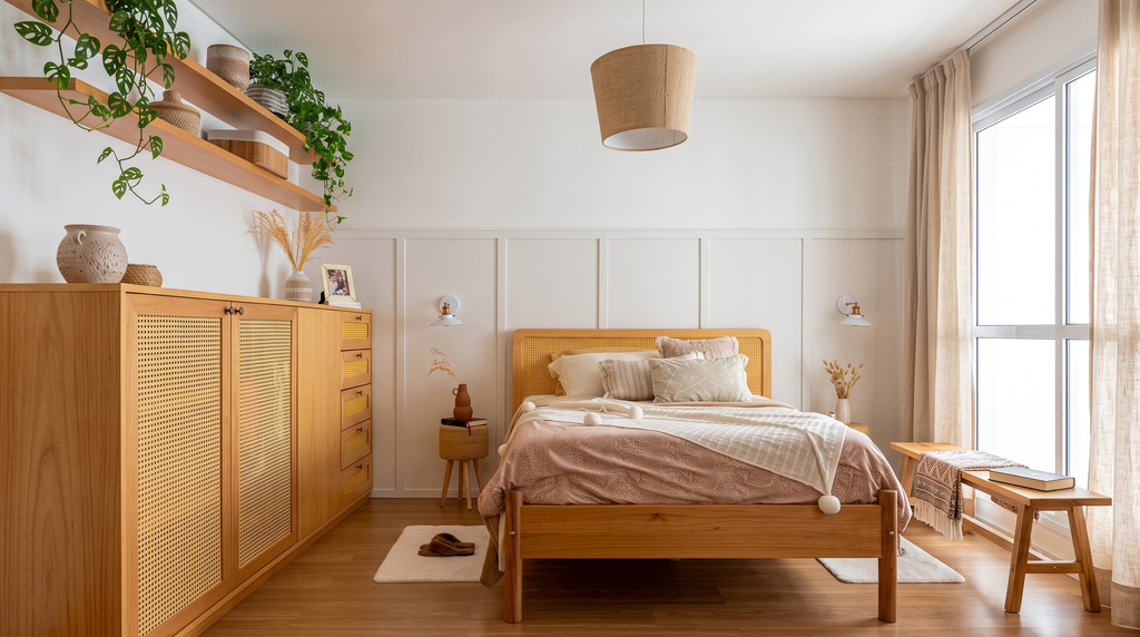 Cozinha moderna e funcional em estilo escandinavo, com armários de madeira clara, bancadas brancas e azulejos quadrados, decorada com utensílios e plantas, criando um ambiente minimalista e acolhedor.