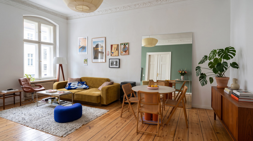 Ampla sala de estar e jantar em estilo escandinavo, apresentando sofá amarelo, mesa redonda com cadeiras de madeira e palhinha, piso de madeira clara, paredes brancas e planta monstera, iluminada por luz natural.