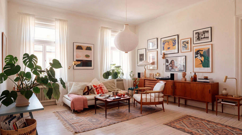 Sala de estar iluminada e aconchegante com decoração em estilo escandinavo, incluindo sofá branco, aparador de madeira vintage, plantas, luminária pendente de papel e uma parede de quadros, refletindo o design nórdico.