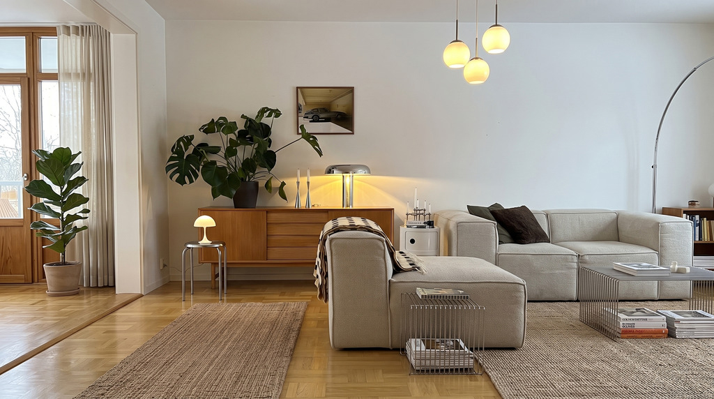 Sala de estar clean e acolhedora com sofá modular claro, plantas e móveis de madeira em estilo escandinavo, destacando a decoração minimalista e funcional.