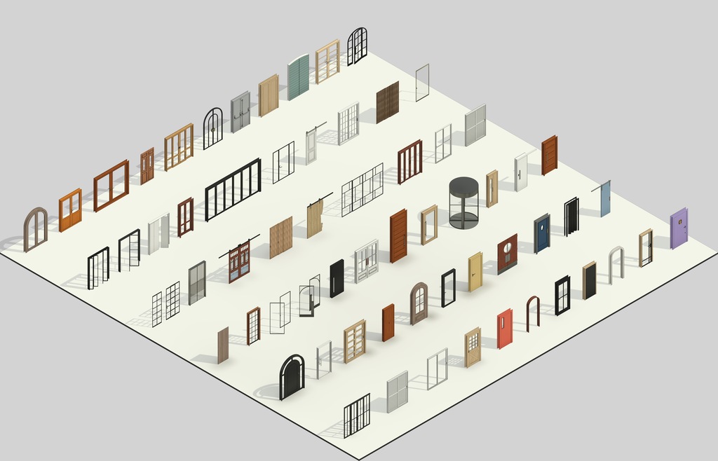 Ampla coleção de modelos 3D de portas de diversos estilos e designs, ideais para projetos arquitetônicos no Revit.
