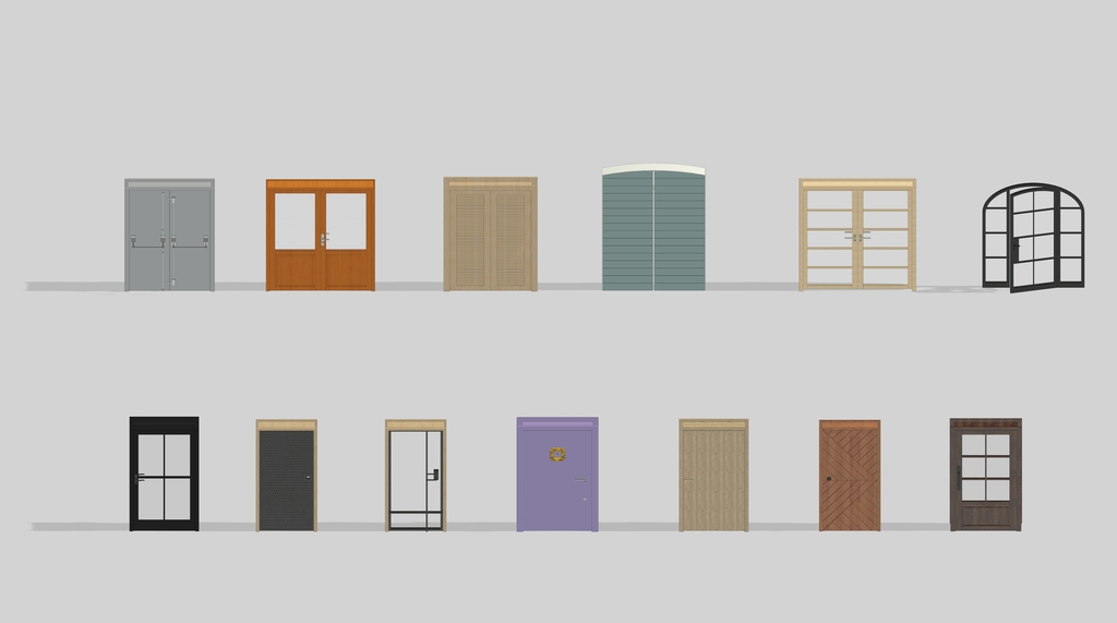 Coleção de variados modelos de portas para projetos no Revit, incluindo opções duplas, de madeira, com vidro e diferentes estilos.