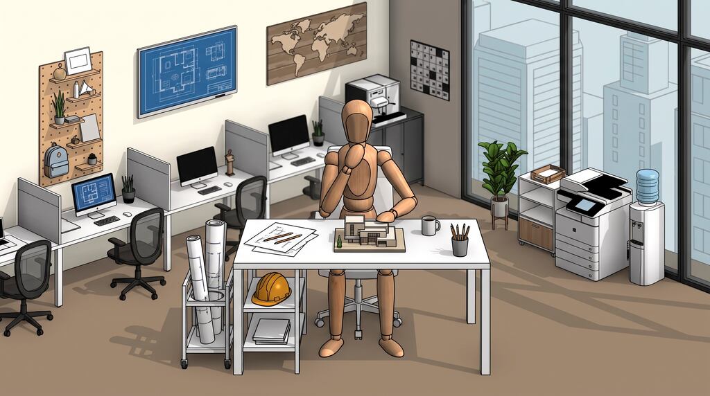 Um gerente BIM em seu escritório, analisando um modelo arquitetônico 3D e plantas baixas digitais e impressas. A imagem detalha o ambiente de trabalho com computadores, projetos, pranchetas e materiais de escritório, representando as ferramentas e o cenário de um profissional na gestão de projetos com metodologia BIM.