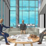 Manequins em reunião de planejamento no escritório moderno, com plantas arquitetônicas e modelo 3D na mesa, ilustrando a função de um gerente BIM na coordenação de projetos de construção.
